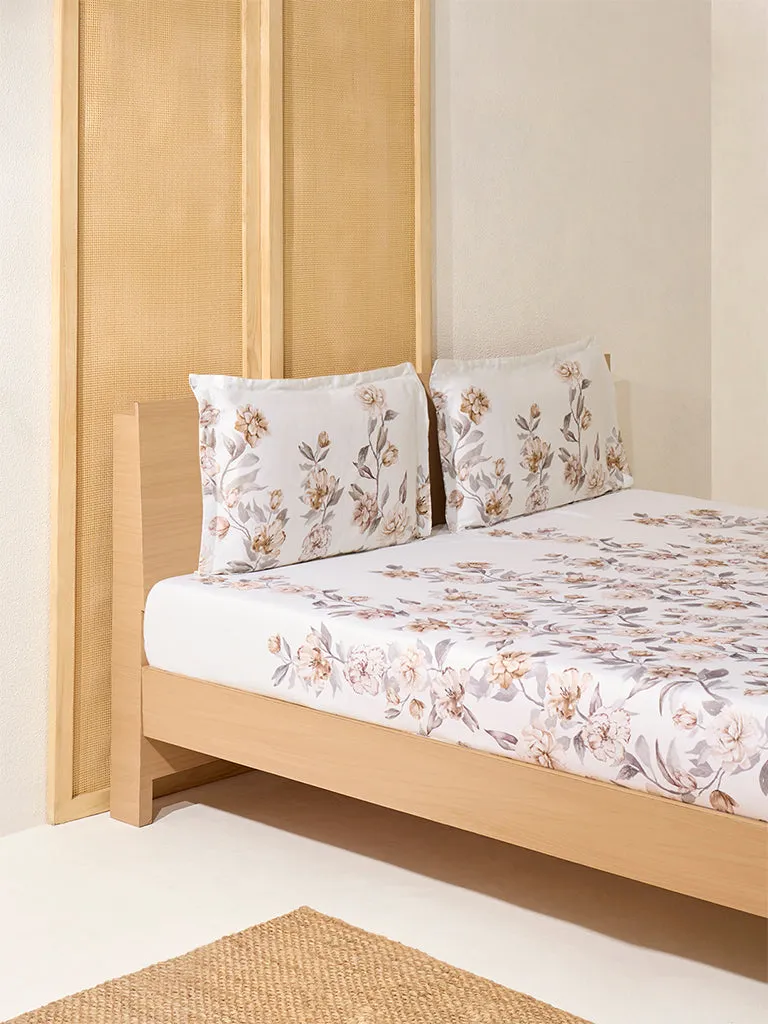 Westside Home Beige Floral Design Queen Bed Flat Sheet and Pillowcase Set