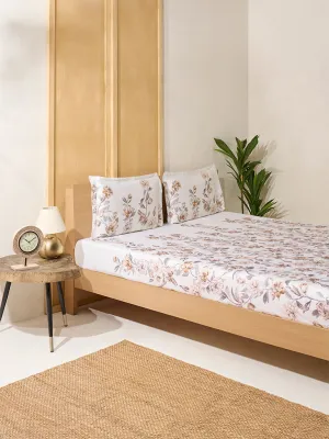 Westside Home Beige Floral Design Queen Bed Flat Sheet and Pillowcase Set