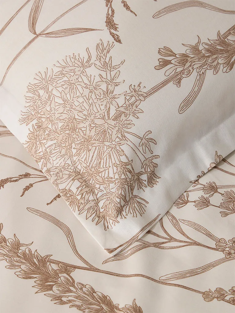 Westside Home Beige Floral Printed Queen Bed Flat Sheet and Pillowcase Set