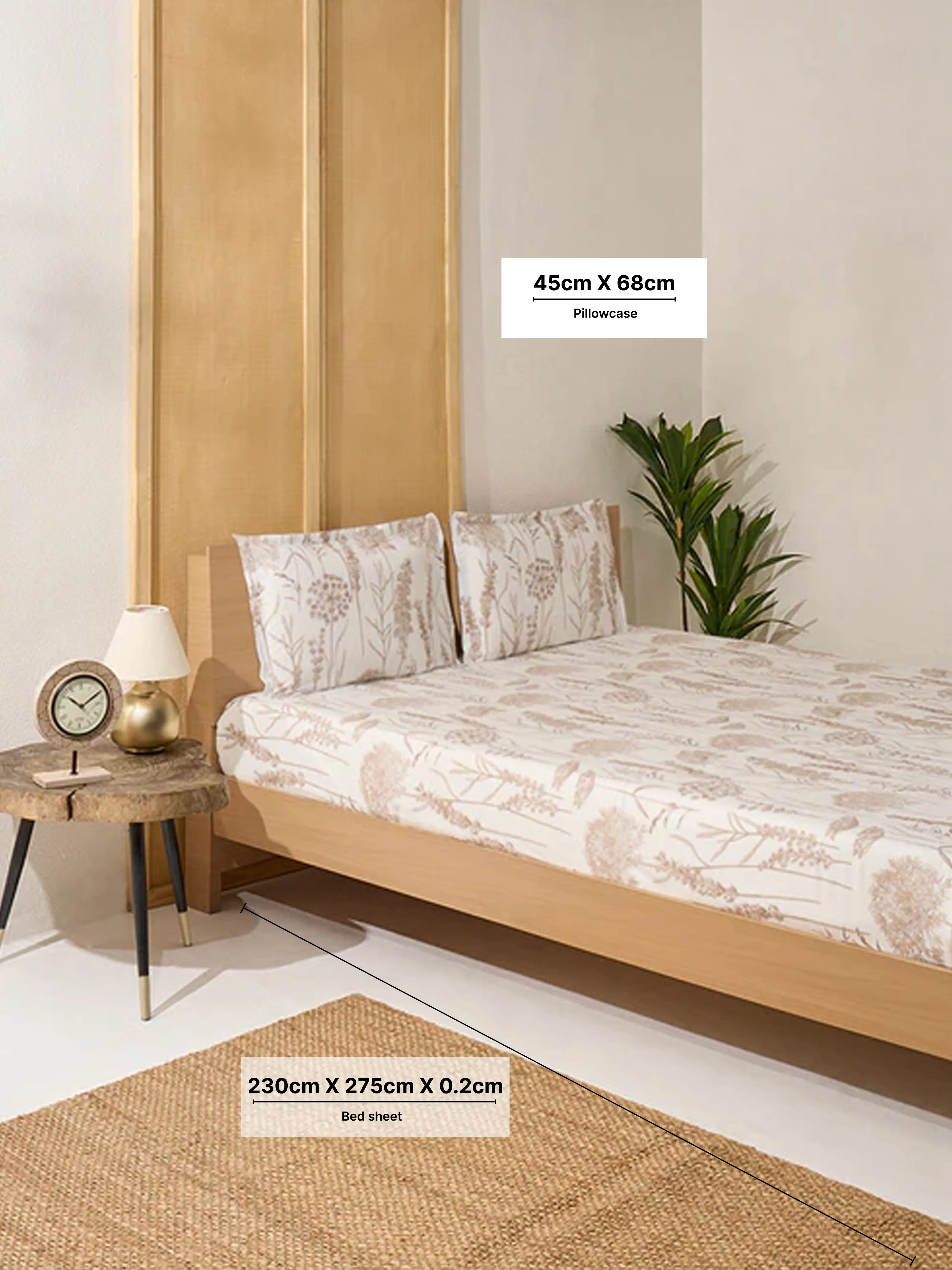Westside Home Beige Floral Printed Queen Bed Flat Sheet and Pillowcase Set
