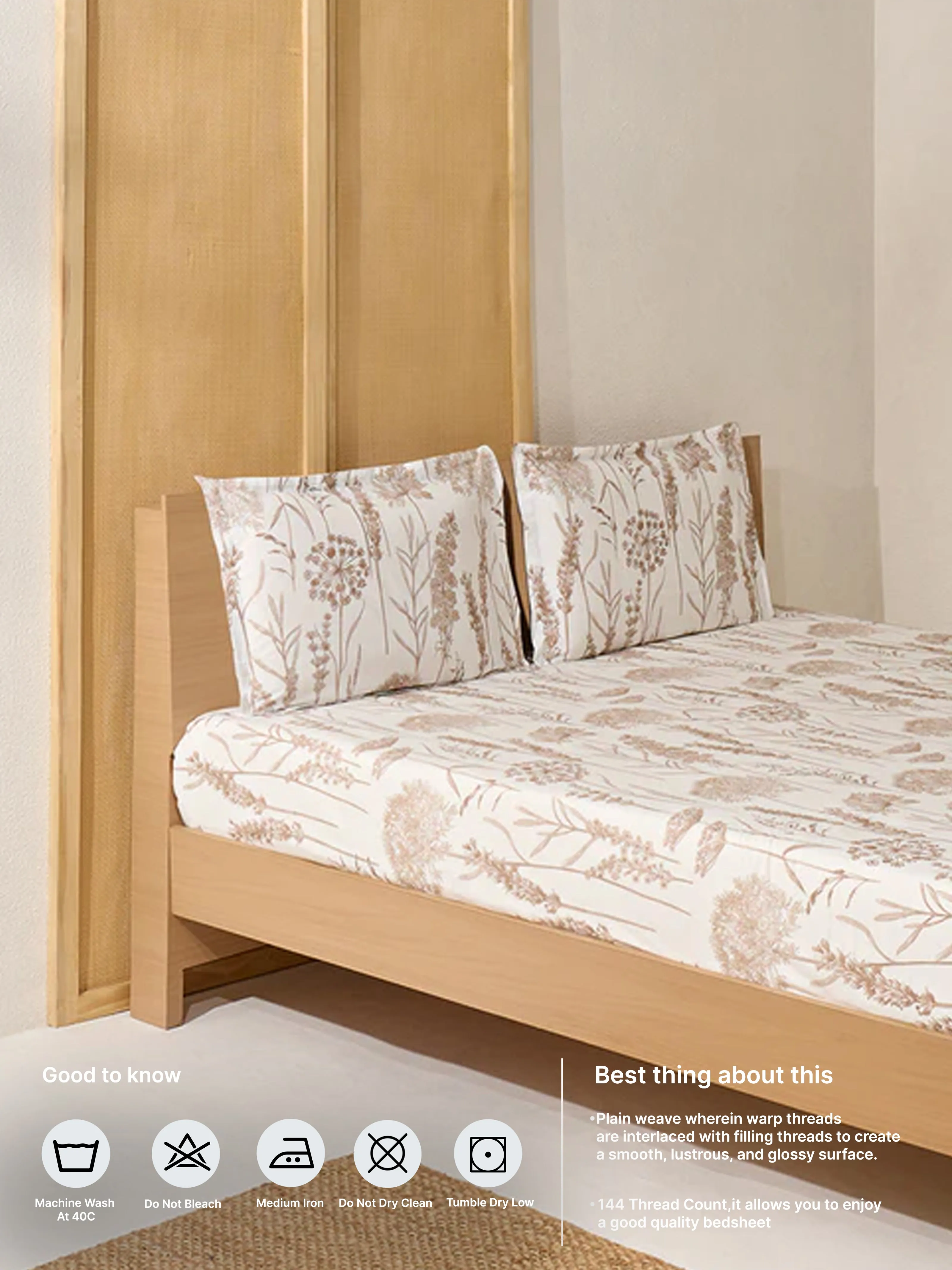 Westside Home Beige Floral Printed Queen Bed Flat Sheet and Pillowcase Set