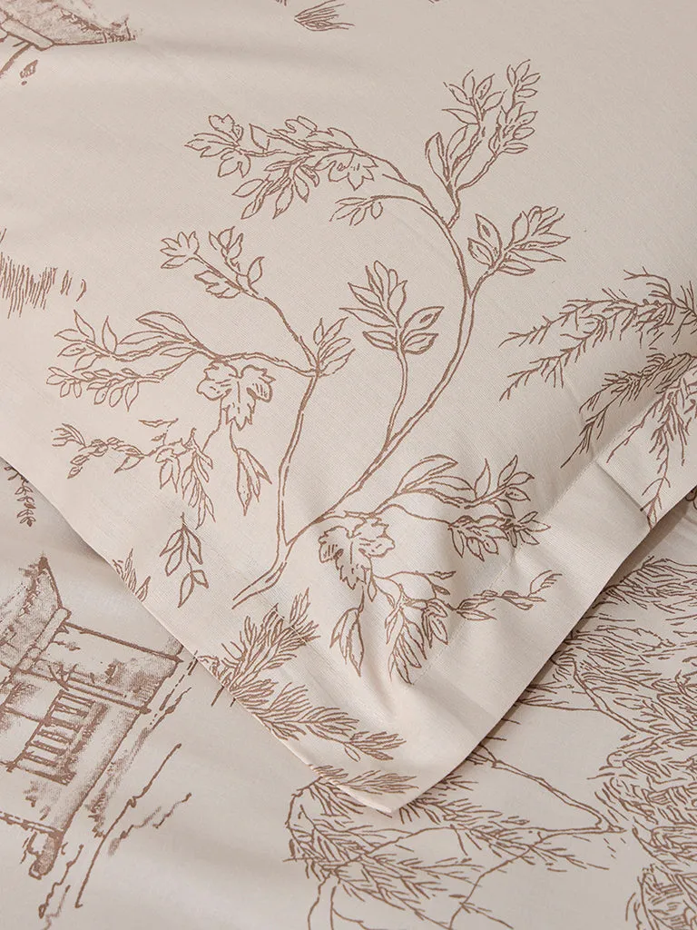 Westside Home Beige Toile Printed King Bed Flat Sheet and Pillowcase Set