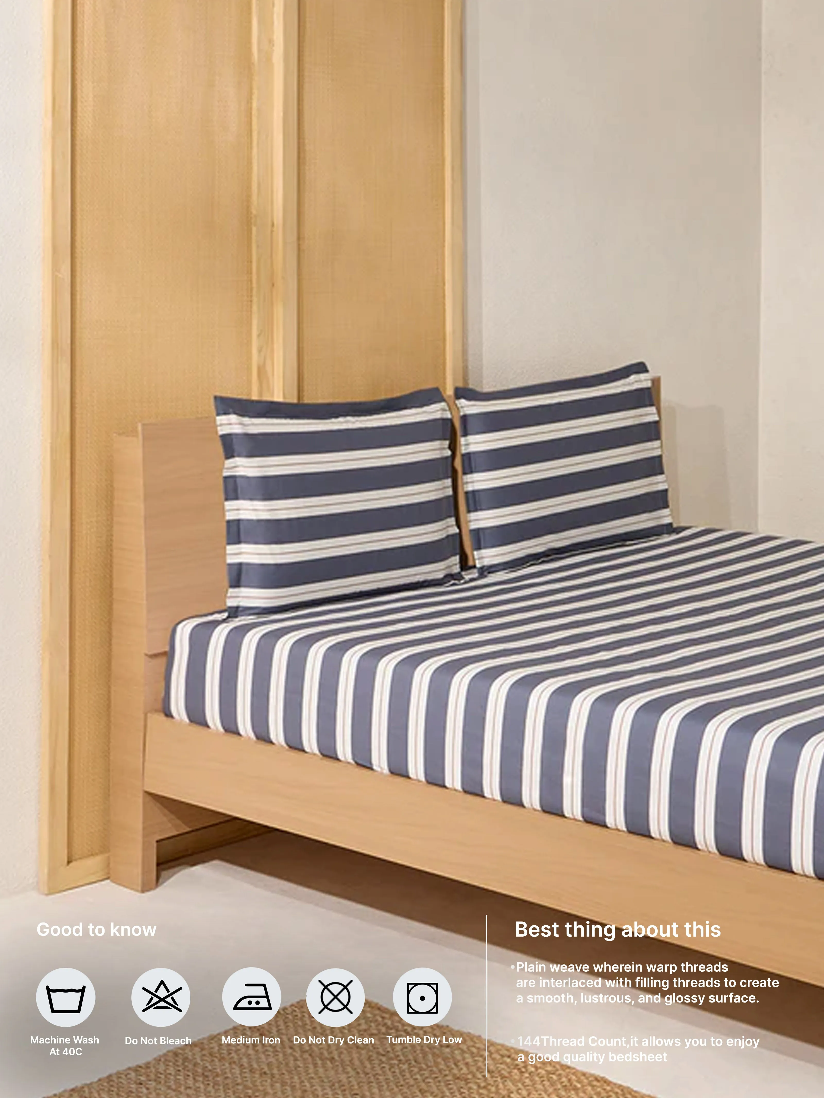 Westside Home Dark Grey Striped King Bed Fitted Sheet and Pillowcase Set