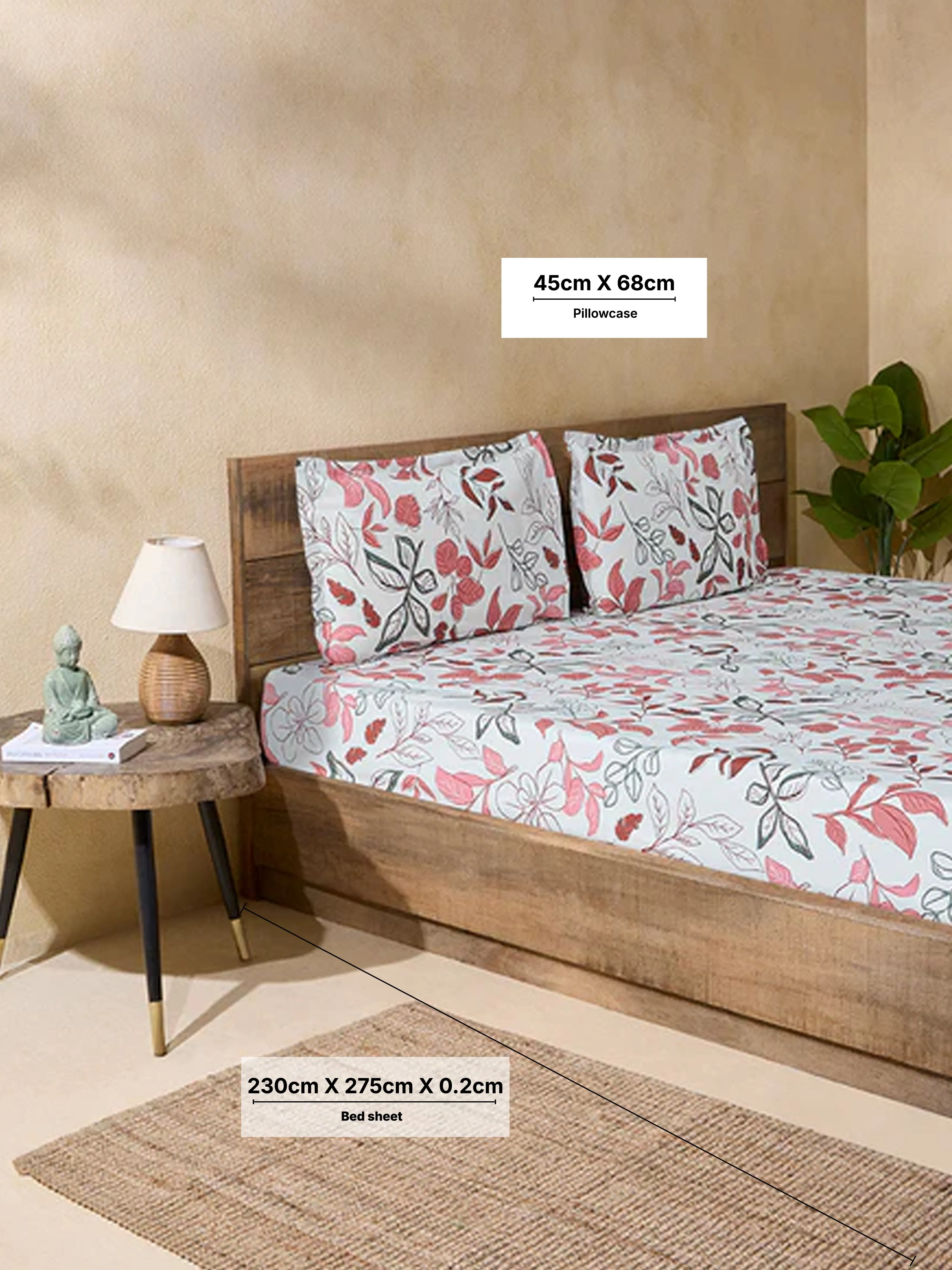 Westside Home Pink Floral Printed Queen Bed Flat Sheet and Pillowcase Set