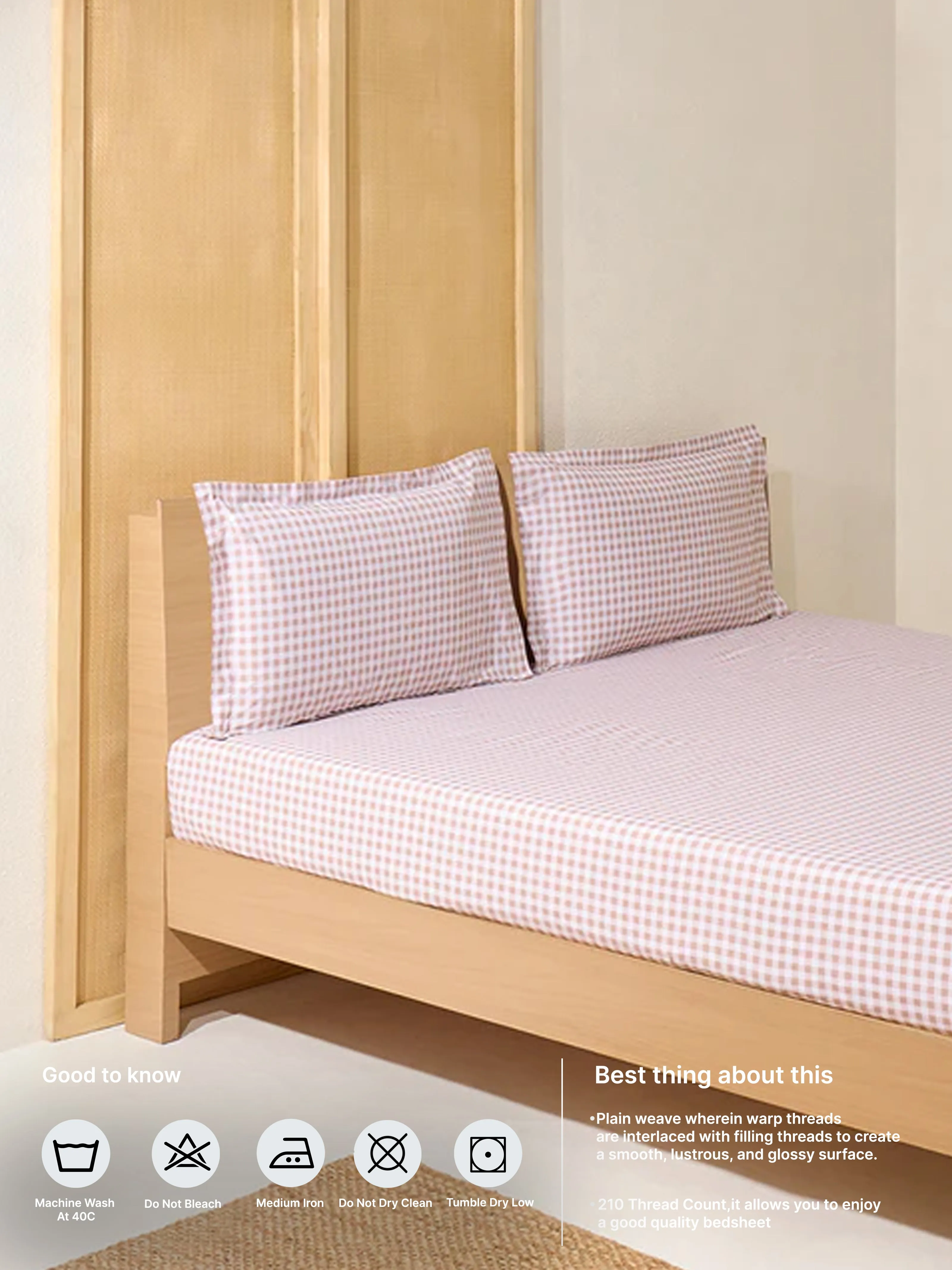 Westside Home Pink Gingham Checkered King Bed Fitted Sheet and Pillowcase Set