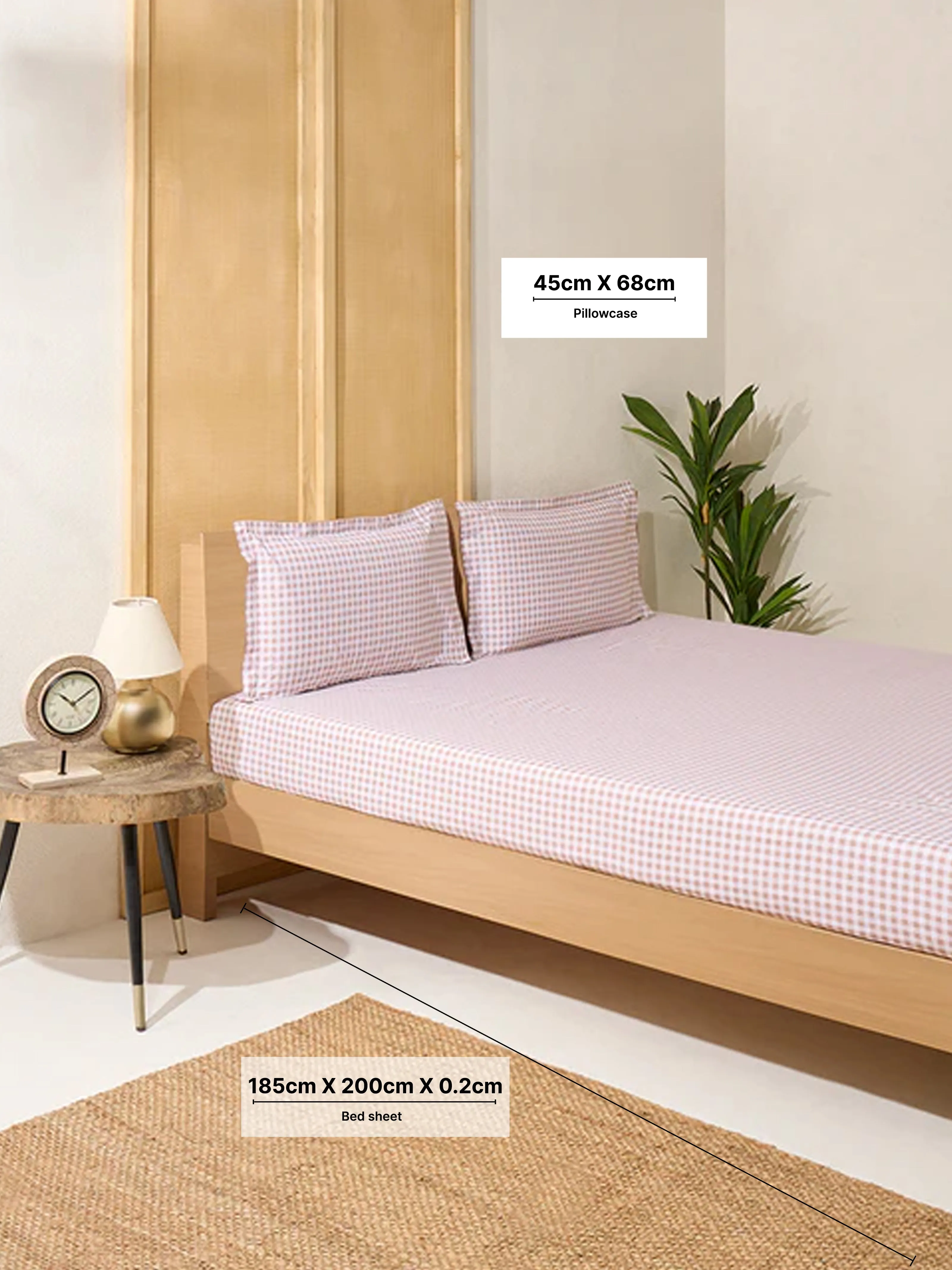 Westside Home Pink Gingham Checkered King Bed Fitted Sheet and Pillowcase Set
