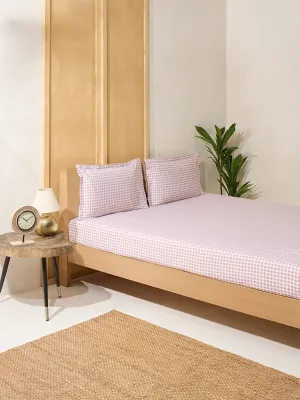Westside Home Pink Gingham Checkered King Bed Fitted Sheet and Pillowcase Set