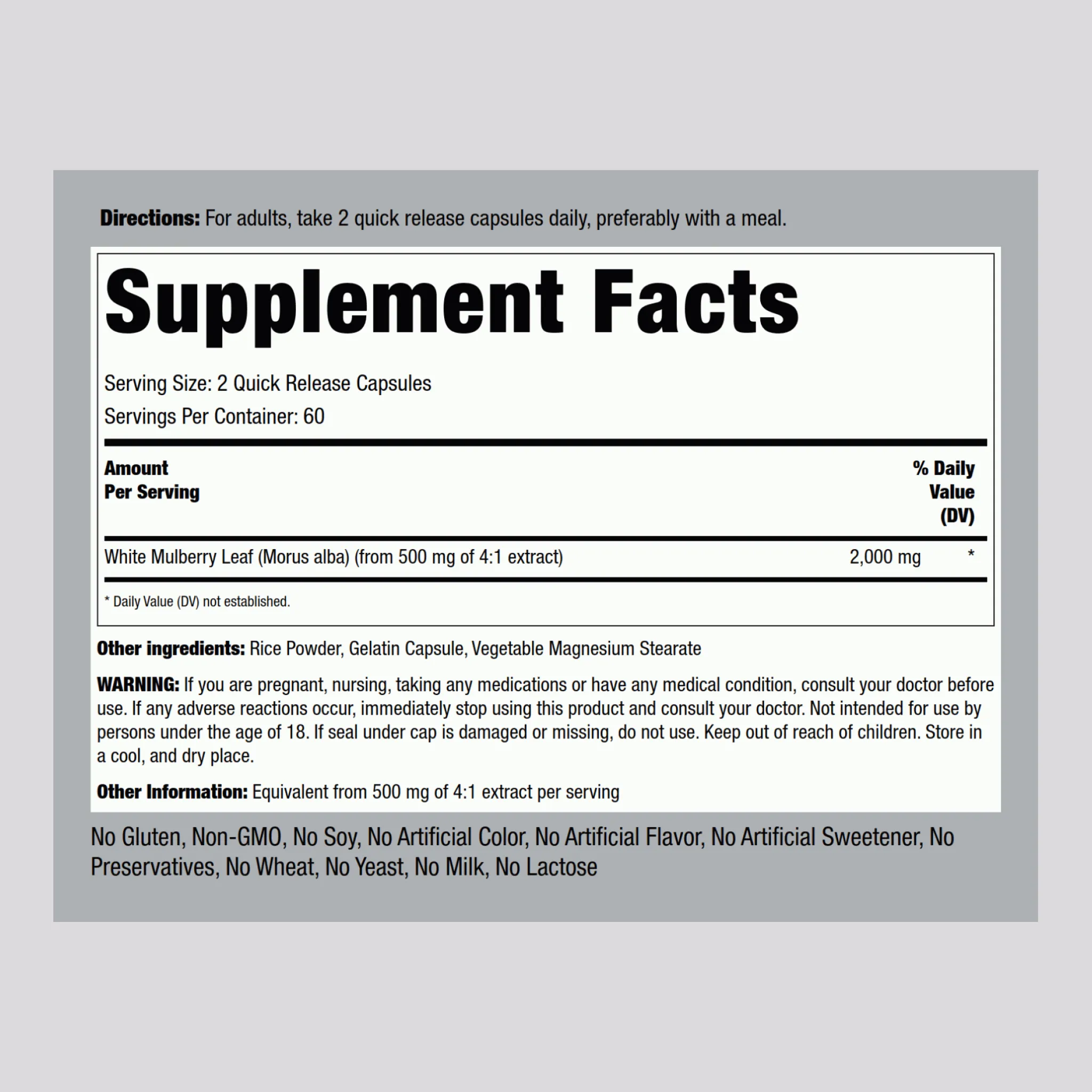 White Mulberry Leaf Extract, 2000 mg (per serving), 120 Quick Release Capsules