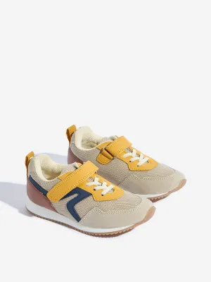 Yellow Beige Knit-Textured Lace-Up Sneakers