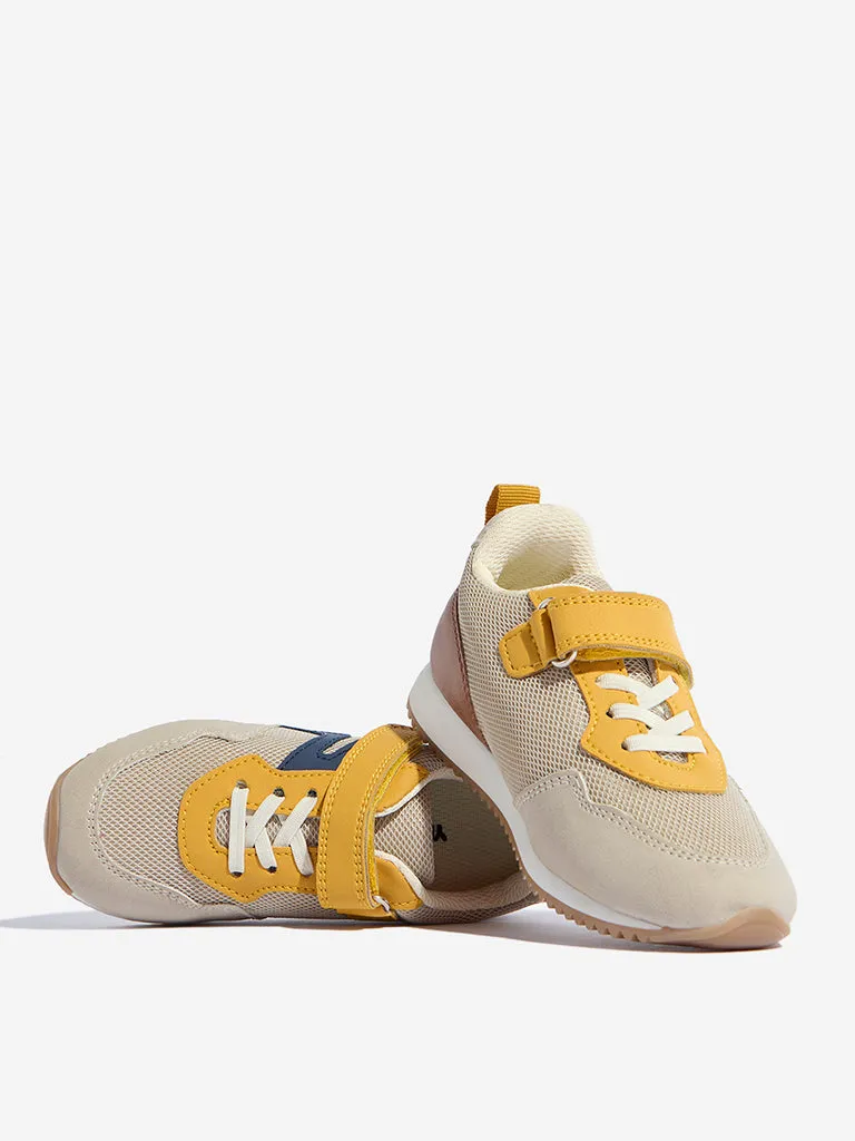 Yellow Beige Knit-Textured Lace-Up Sneakers